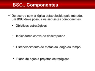 De acordo com a lógica estabelecida pelo método, um BSC deve possuir os seguintes componentes: BSC..  Componentes Objetivos estratégicos Indicadores chave de desempenho Estabelecimento de metas ao longo do tempo Plano de ação e projetos estratégicos 