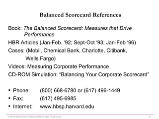 25© 1999 The Balanced Scorecard Collaborative and Robert S. Kaplan. All rights reserved.
Balanced Scorecard References
Book: The Balanced Scorecard: Measures that Drive
Performance
HBR Articles (Jan-Feb. ‘92; Sept-Oct ‘93; Jan-Feb ‘96)
Cases: (Mobil, Chemical Bank, Charlotte, Citibank,
Wells Fargo)
Videos: Measuring Corporate Performance
CD-ROM Simulation: “Balancing Your Corporate Scorecard”
• Phone: (800) 668-6780 or (617) 496-1449
• Fax: (617) 495-6985
• Internet: www.hbsp.harvard.edu
 