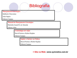 Bibliografia
Planejamento Estratégico
Idalberto Chiaventao
Arão Sapiro
Editora Campus

       Manual do Planejamento Estratégico
       Martinho Isnard R. de Almeida
       Editora Atlas

                  A Estratégia em Ação
                  David Norton e Robert Kaplan
                  Editora Campus

                           Kaplan e Norton na Prática
                           David Norton e Robert Kaplan
                           Editora Campus



                                            + Site na Web: www.symnetics.com.br
 