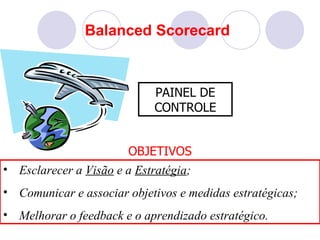 Balanced Scorecard



                            PAINEL DE
                            CONTROLE


                       OBJETIVOS
• Esclarecer a Visão e a Estratégia;
• Comunicar e associar objetivos e medidas estratégicas;
• Melhorar o feedback e o aprendizado estratégico.
 