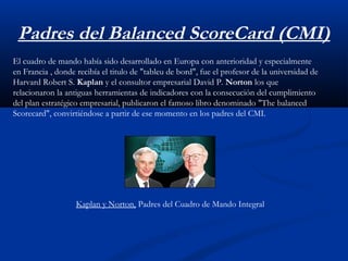Padres del Balanced ScoreCard (CMI)
El cuadro de mando había sido desarrollado en Europa con anterioridad y especialmente
en Francia , donde recibía el titulo de "tableu de bord", fue el profesor de la universidad de
Harvard Robert S. Kaplan y el consultor empresarial David P. Norton los que
relacionaron la antiguas herramientas de indicadores con la consecución del cumplimiento
del plan estratégico empresarial, publicaron el famoso libro denominado "The balanced
Scorecard", convirtiéndose a partir de ese momento en los padres del CMI.

Kaplan y Norton, Padres del Cuadro de Mando Integral

 