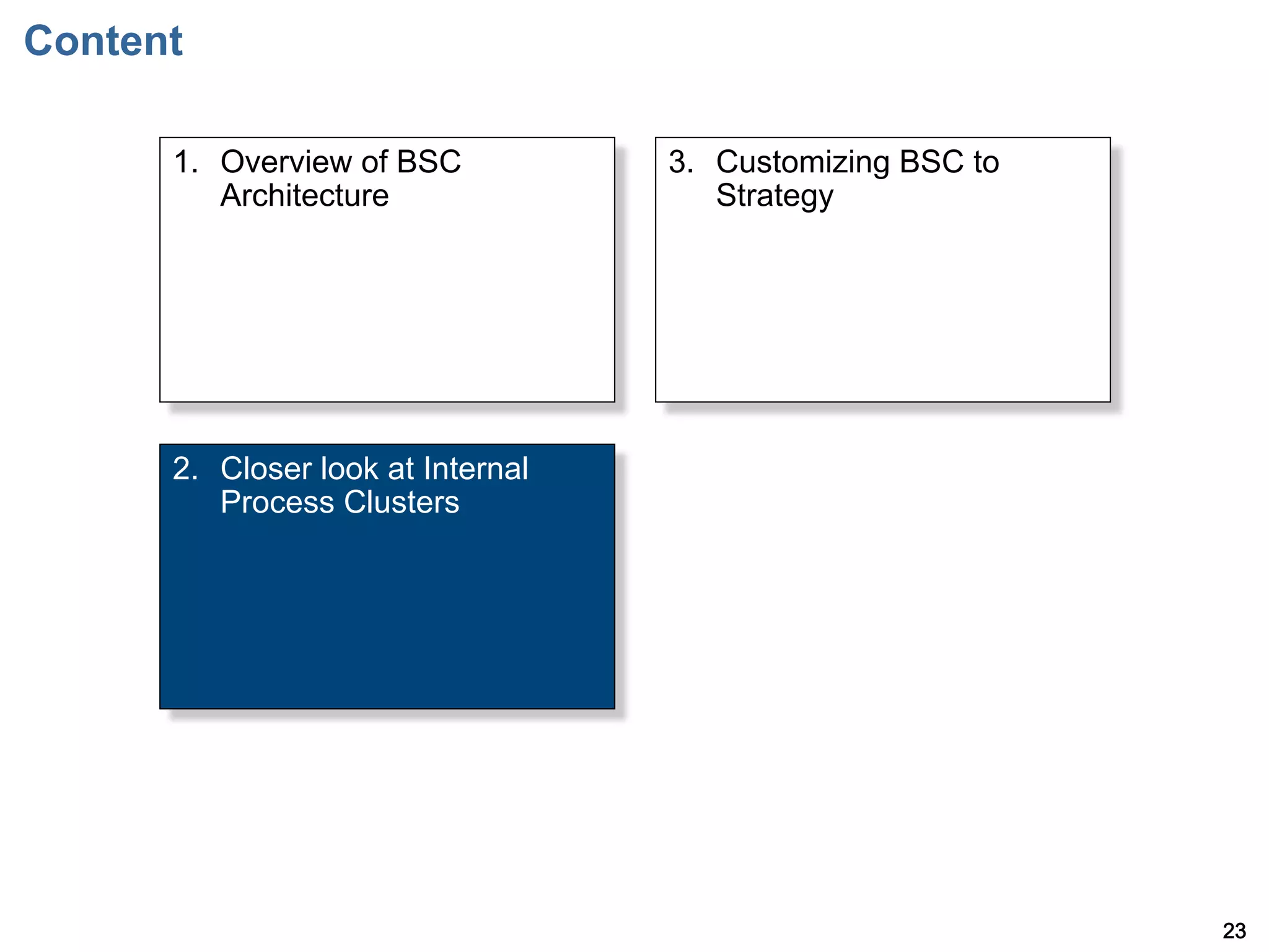 Content

      1.  Overview of BSC           3.  Customizing BSC to
          Architecture                  Strategy




      2.  Closer look at Internal
          Process Clusters




                                                             23
 