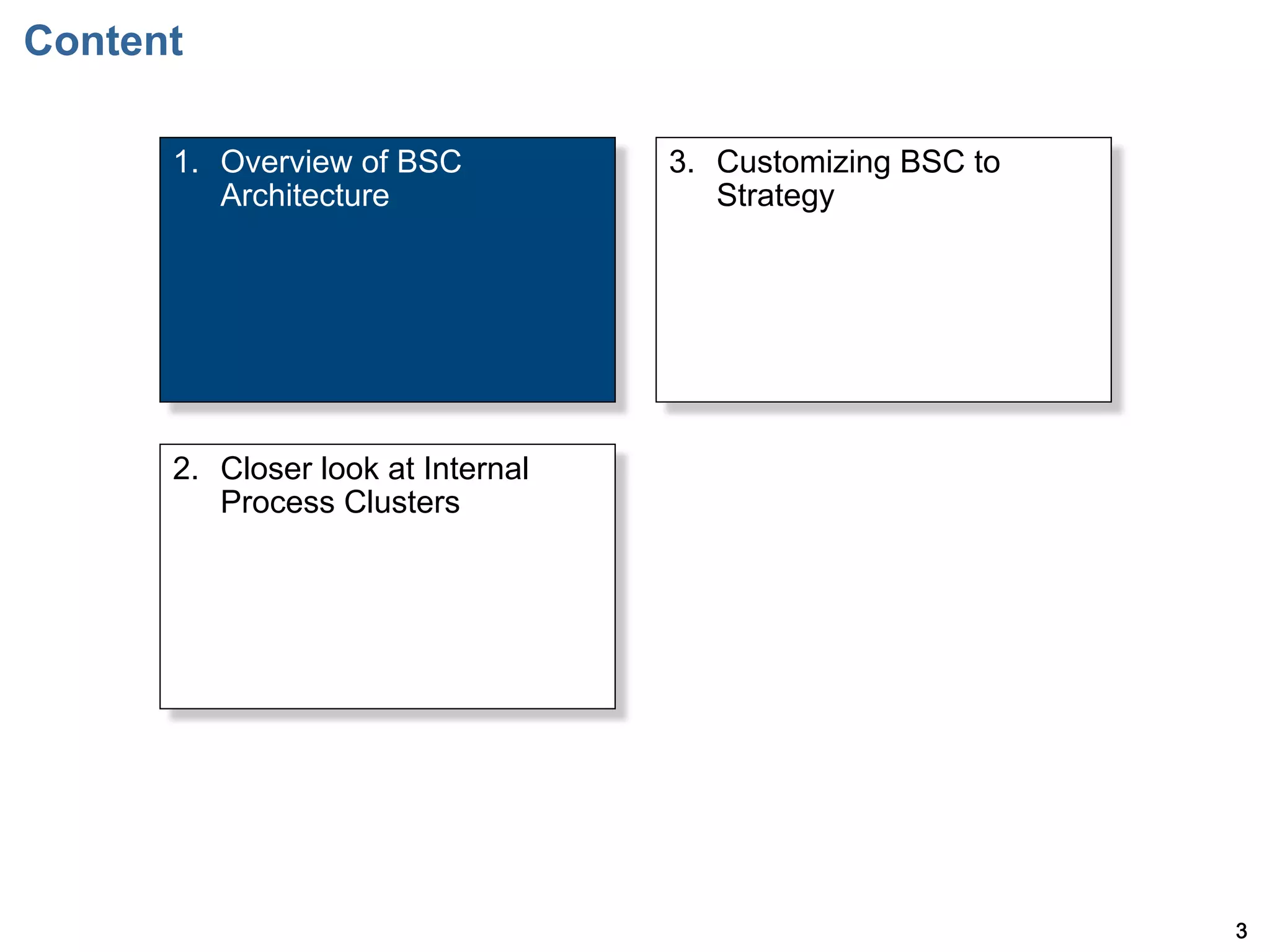 Content

      1.  Overview of BSC           3.  Customizing BSC to
          Architecture                  Strategy




      2.  Closer look at Internal
          Process Clusters




                                                             3
 