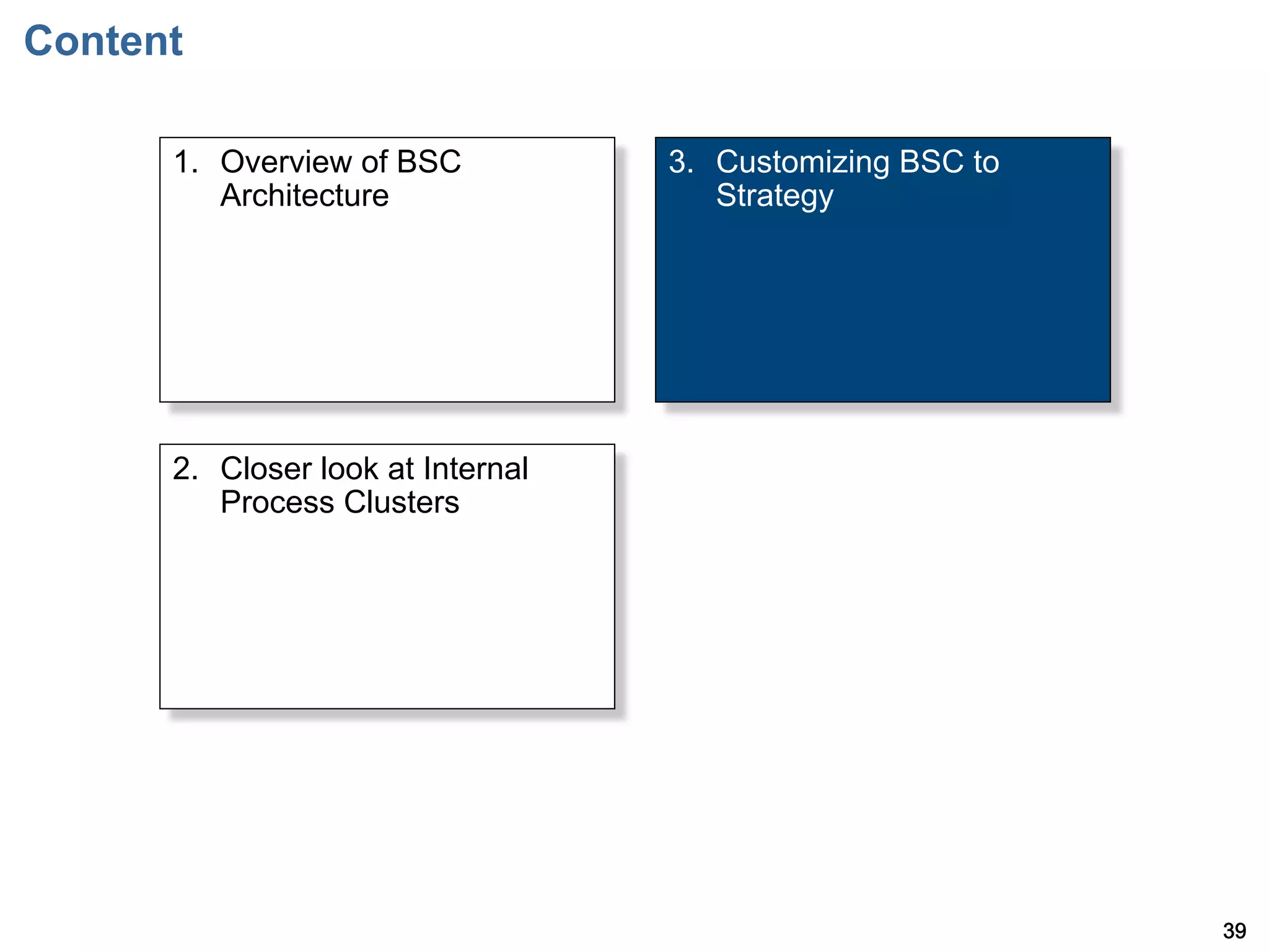 Content

      1.  Overview of BSC           3.  Customizing BSC to
          Architecture                  Strategy




      2.  Closer look at Internal
          Process Clusters




                                                             39
 