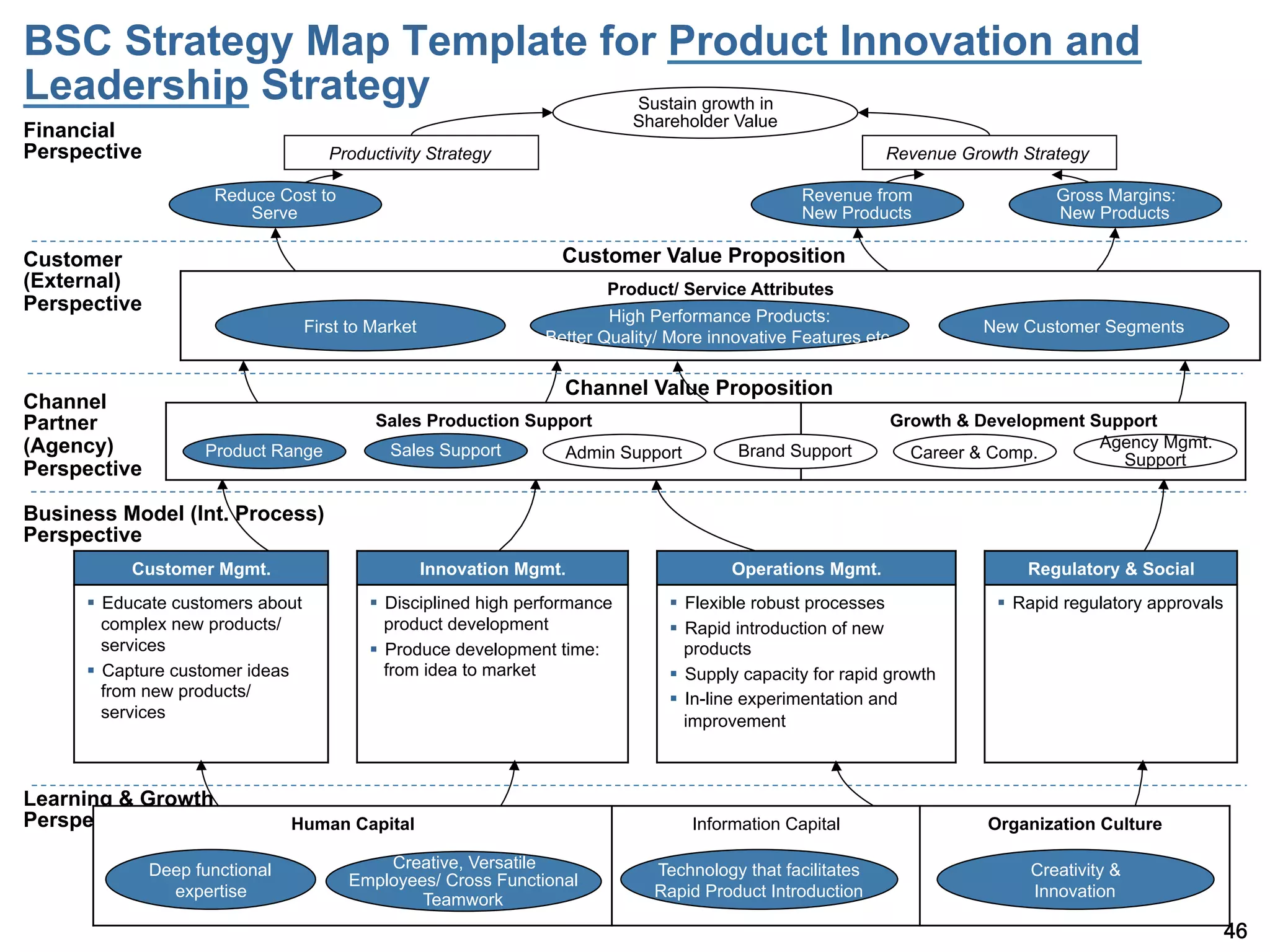 BSC Strategy Map Template for Product Innovation and
Leadership Strategy         Sustain growth in
                                                                               Shareholder Value
Financial
Perspective                            Productivity Strategy                                                    Revenue Growth Strategy

                      Reduce Cost to                                                                Revenue from                   Gross Margins:
                         Serve                                                                      New Products                   New Products

Customer                                                             Customer Value Proposition
(External)                                                                 Product/ Service Attributes
Perspective
                                                                           High Performance Products:
                                    First to Market                                                                        New Customer Segments
                                                                   Better Quality/ More innovative Features etc.

                                                                     Channel Value Proposition
Channel
Partner                                      Sales Production Support                                           Growth & Development Support
(Agency)            Product Range              Sales Support                                Brand Support                             Agency Mgmt.
                                                                     Admin Support                                Career & Comp.        Support
Perspective

Business Model (Int. Process)
Perspective
           Customer Mgmt.                             Innovation Mgmt.                     Operations Mgmt.                     Regulatory & Social
      §  Educate customers about           §  Disciplined high performance       §  Flexible robust processes            §  Rapid regulatory approvals
          complex new products/                 product development                §  Rapid introduction of new
          services                          §  Produce development time:              products
      §  Capture customer ideas                from idea to market                §  Supply capacity for rapid growth
          from new products/                                                       §  In-line experimentation and
          services                                                                     improvement



Learning & Growth
Perspective                     Human Capital                                         Information Capital                  Organization Culture

              Deep functional                Creative, Versatile                 Technology that facilitates                    Creativity &
                                         Employees/ Cross Functional
                expertise                        Teamwork                        Rapid Product Introduction                     Innovation

                                                                                                                                                             46
 