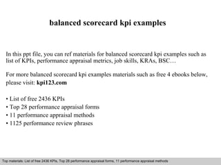 balanced scorecard kpi examples 
In this ppt file, you can ref materials for balanced scorecard kpi examples such as 
list of KPIs, performance appraisal metrics, job skills, KRAs, BSC… 
For more balanced scorecard kpi examples materials such as free 4 ebooks below, 
please visit: kpi123.com 
• List of free 2436 KPIs 
• Top 28 performance appraisal forms 
• 11 performance appraisal methods 
• 1125 performance review phrases 
Top materials: List of free 2436 KPIs, Top 28 performance appraisal forms, 11 performance appraisal methods 
Interview questions and answers – free download/ pdf and ppt file 
 