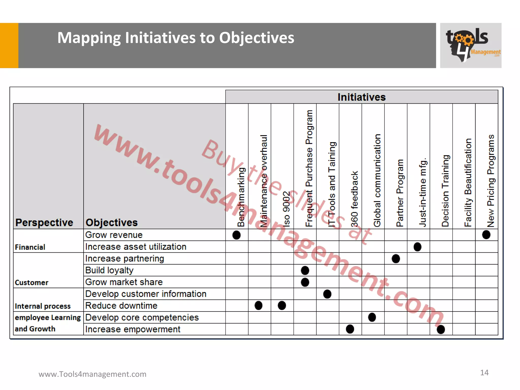 Mapping Initiatives to Objectives




www.Tools4management.com                14
 