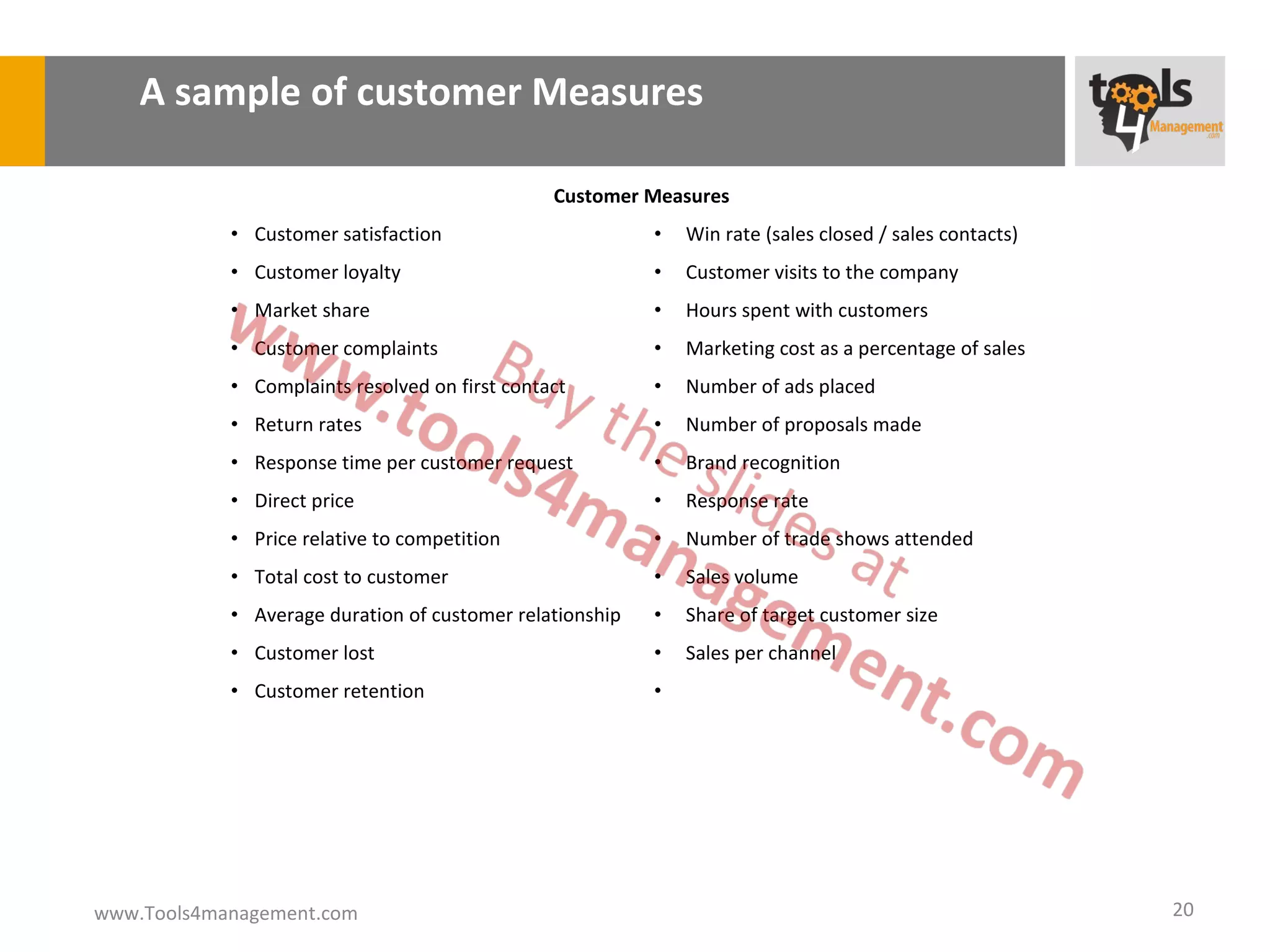 A sample of customer Measures

                                                Customer Measures
            • Customer satisfaction                       •   Win rate (sales closed / sales contacts)
            • Customer loyalty                            •   Customer visits to the company
            • Market share                                •   Hours spent with customers
            • Customer complaints                         •   Marketing cost as a percentage of sales
            • Complaints resolved on first contact        •   Number of ads placed
            • Return rates                                •   Number of proposals made
            • Response time per customer request          •   Brand recognition
            • Direct price                                •   Response rate
            • Price relative to competition               •   Number of trade shows attended
            • Total cost to customer                      •   Sales volume
            • Average duration of customer relationship   •   Share of target customer size
            • Customer lost                               •   Sales per channel
            • Customer retention                          •




www.Tools4management.com                                                                                 20
 