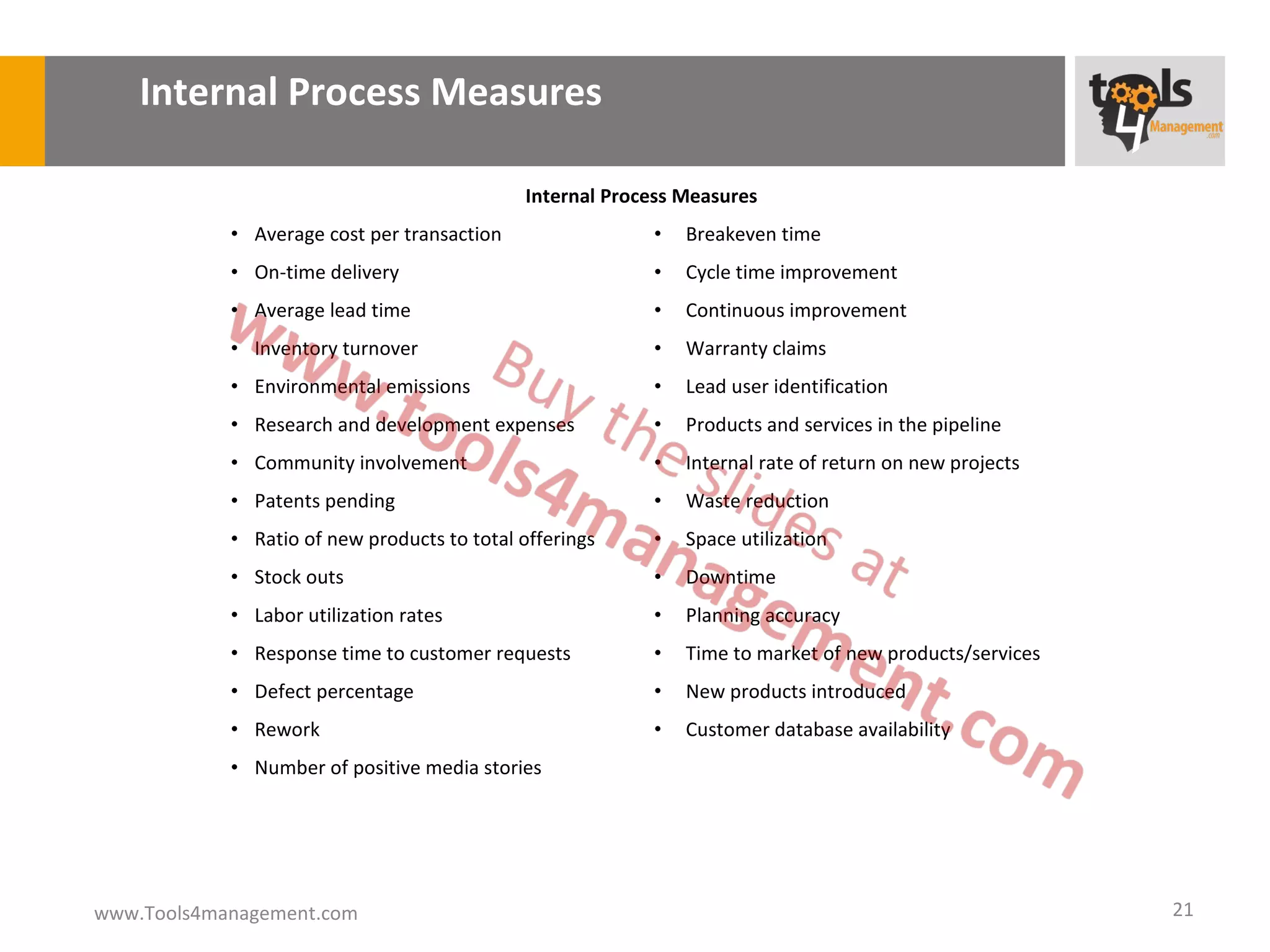 Internal Process Measures

                                             Internal Process Measures
            • Average cost per transaction                •   Breakeven time
            • On-time delivery                            •   Cycle time improvement
            • Average lead time                           •   Continuous improvement
            • Inventory turnover                          •   Warranty claims
            • Environmental emissions                     •   Lead user identification
            • Research and development expenses           •   Products and services in the pipeline
            • Community involvement                       •   Internal rate of return on new projects
            • Patents pending                             •   Waste reduction
            • Ratio of new products to total offerings    •   Space utilization
            • Stock outs                                  •   Downtime
            • Labor utilization rates                     •   Planning accuracy
            • Response time to customer requests          •   Time to market of new products/services
            • Defect percentage                           •   New products introduced
            • Rework                                      •   Customer database availability
            • Number of positive media stories




www.Tools4management.com                                                                                21
 