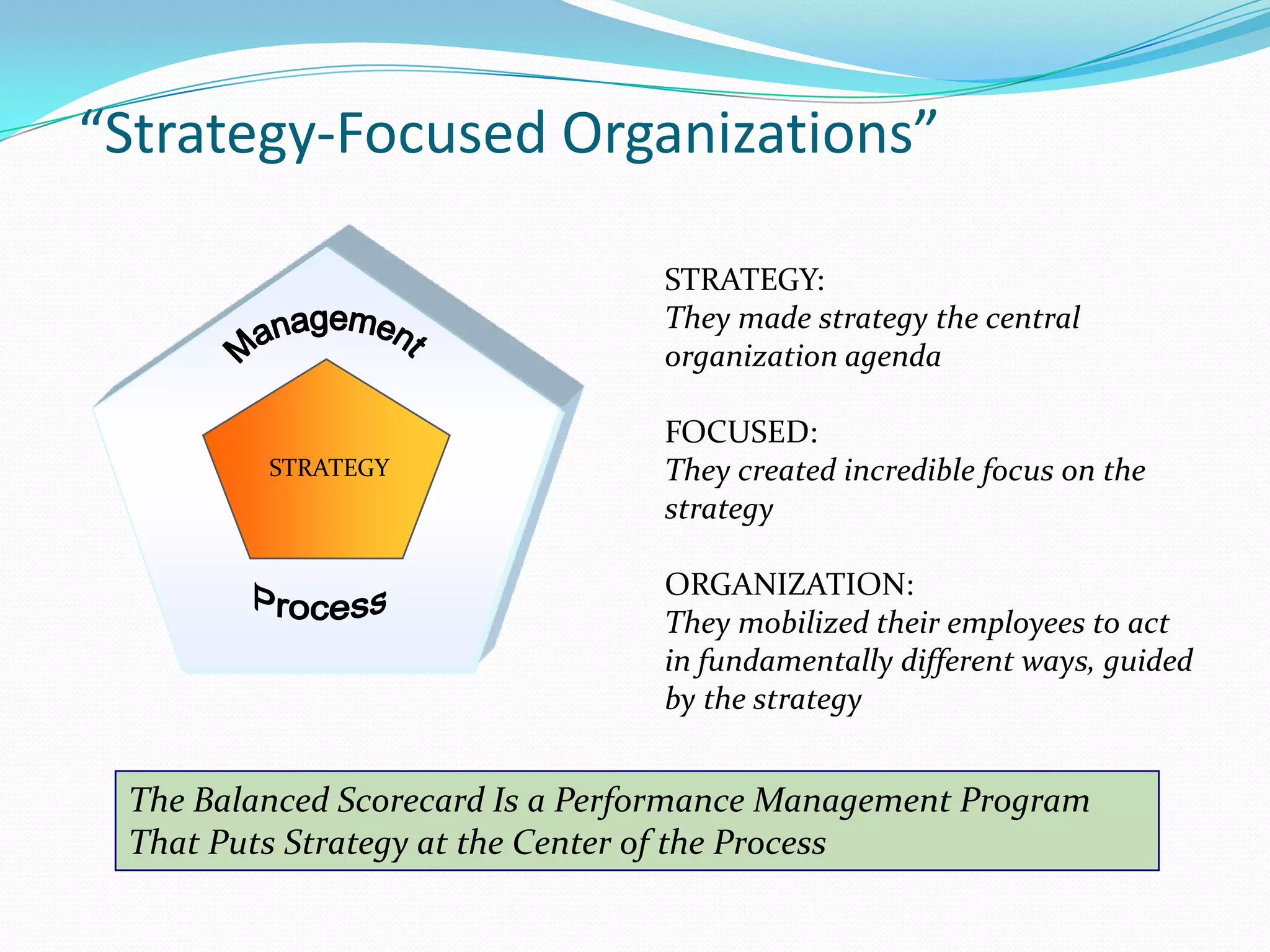  “Strategy-Focused Organizations”STRATEGY:They made strategy the central organization agendaFOCUSED:They created incredible focus on the strategyORGANIZATION:They mobilized their employees to act in fundamentally different ways, guided by the strategyManagementSTRATEGYProcessThe Balanced Scorecard Is a Performance Management Program That Puts Strategy at the Center of the Process