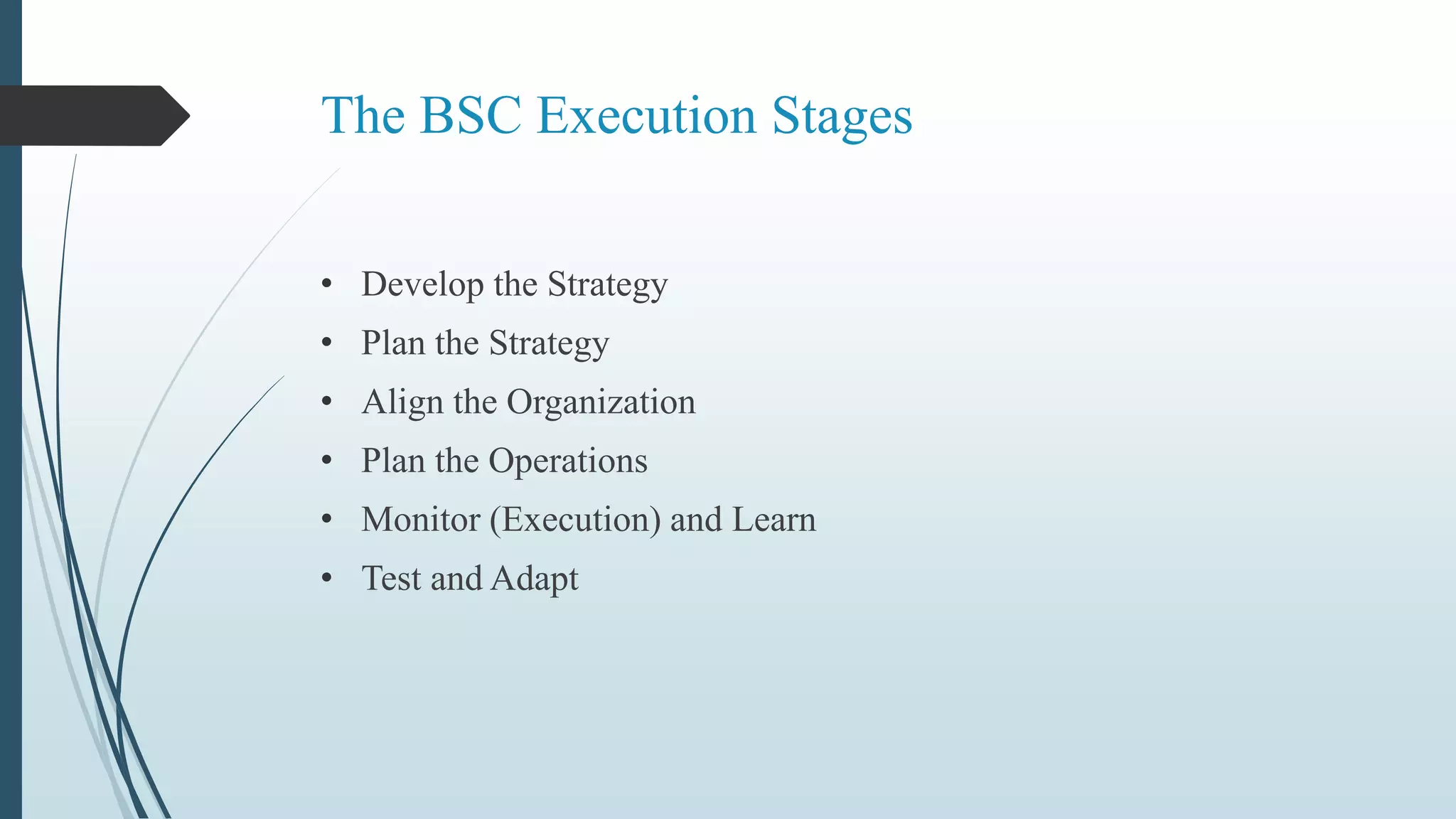 The BSC Execution Stages
• Develop the Strategy
• Plan the Strategy
• Align the Organization
• Plan the Operations
• Monitor (Execution) and Learn
• Test and Adapt
 