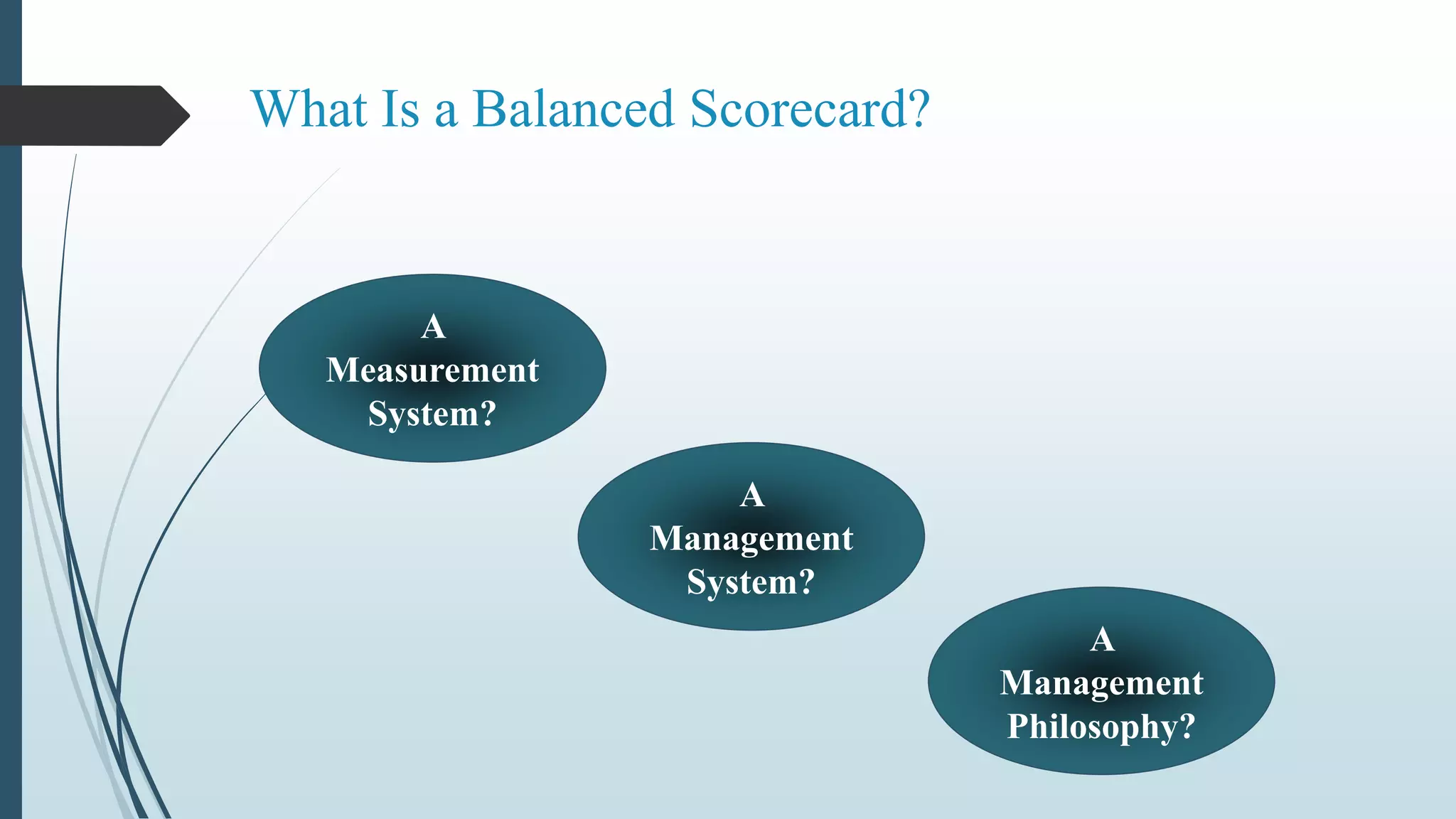 What Is a Balanced Scorecard?
A
Measurement
System?
A
Management
System?
A
Management
Philosophy?
 
