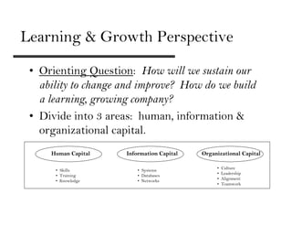 Learning & Growth Perspective

 • Orienting Question: How will we sustain our
   ability to change and improve? How do we build
   a learning, growing company?
 • Divide into 3 areas: human, information &
   organizational capital.
     Human Capital   Information Capital   Organizational Capital

                                                •   Culture
      • Skills           • Systems
                                                •   Leadership
      • Training         • Databases
                                                •   Alignment
      • Knowledge        • Networks
                                                •   Teamwork
 