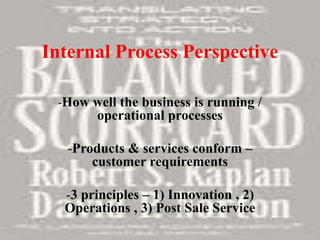 Internal Process Perspective

 -How well the business is running /
       operational processes

   -Products & services conform –
       customer requirements

  -3 principles – 1) Innovation , 2)
  Operations , 3) Post Sale Service
 
