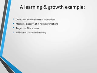 A learning & growth example:
• Objective: increase internal promotions
• Measure: bigger % of in house promotions
• Target: +10% in 2 years
• Additional classes and training
 