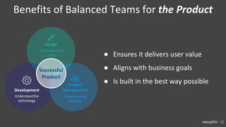 Benefits of Balanced Teams for the Product
Product
Management
Understand the
Business
Development
Understand the
technology
Design
Understand the
Users
Successful
Product
● Ensures it delivers user value
● Aligns with business goals
● Is built in the best way possible
@wesgalliher - 15
 