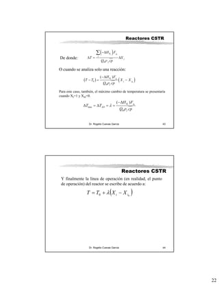 22
Dr. Rogelio Cuevas García 43
Reactores CSTR
De donde:
( ) 0
0
jR j
j
j
f
H F
T X
Q cpρ
−Δ
Δ = Δ
∑
O cuando se analiza solo una reacción:
( ) ( )0
00
0
( )iR j
j j
f
H F
T T X X
Q cpρ
−Δ
− = −
Para este caso, también, el máximo cambio de temperatura se presentaría
cuando XJ=1 y XJ0=0.
0
max
0
( )iR j
AD
f
H F
T T
Q cp
λ
ρ
−Δ
Δ = Δ = =
Dr. Rogelio Cuevas García 44
Reactores CSTR
Y finalmente la línea de operación (en realidad, el punto
de operación) del reactor se escribe de acuerdo a:
( )00 ii XXTT −+= λ
 