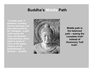 Buddha’s Middle Path

“A middle path, O
bhikkhus, avoiding
the two extremes, has
been discovered by                       ...