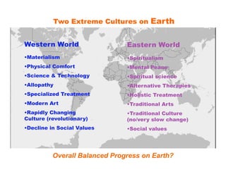 Two Extreme Cultures on Earth


Western World                  Eastern World
•Materialism                   •Spiritualism
...