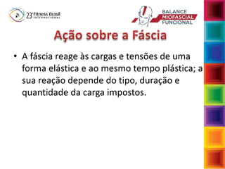 • A fáscia reage às cargas e tensões de uma
forma elástica e ao mesmo tempo plástica; a
sua reação depende do tipo, duração e
quantidade da carga impostos.
 