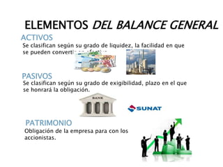 ACTIVOS
Se clasifican según su grado de liquidez, la facilidad en que
se pueden convertir en efectivo.
PASIVOS
Se clasifican según su grado de exigibilidad, plazo en el que
se honrará la obligación.
PATRIMONIO
Obligación de la empresa para con los
accionistas.
ELEMENTOS DEL BALANCE GENERAL
 