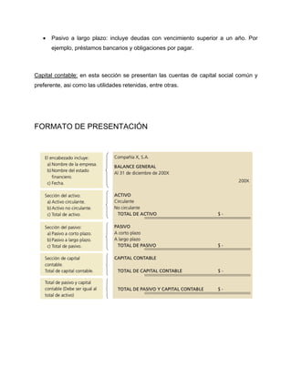 • Pasivo a largo plazo: incluye deudas con vencimiento superior a un año. Por
ejemplo, préstamos bancarios y obligaciones por pagar.
Capital contable: en esta sección se presentan las cuentas de capital social común y
preferente, asi como las utilidades retenidas, entre otras.
FORMATO DE PRESENTACIÓN
 