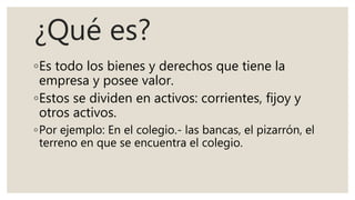 ¿Qué es?
◦Es todo los bienes y derechos que tiene la
empresa y posee valor.
◦Estos se dividen en activos: corrientes, fijoy y
otros activos.
◦Por ejemplo: En el colegio.- las bancas, el pizarrón, el
terreno en que se encuentra el colegio.