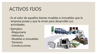 ACTIVOS FIJOS
◦ Es el valor de aquellos bienes muebles e inmuebles que la
empresa posee y que le sirven para desarrollar sus
actividades.
◦ Ejemplos:
-Maquinaria
-Vehículos
-Muebles e inmuebles
-Terrenos
-Construcciones
