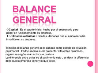 patrimonioBalanceGeneral Activo : la empresa está formado por el dinero que tiene en caja y en los bancos, las cuentas por cobrar, las materias primas, las maquinas, los vehículos, los edificios y los terrenos. 