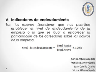 A. Indicadores de endeudamiento
Son las razones financieras que nos permiten
   establecer el nivel de endeudamiento de la
   empresa o lo que es igual a establecer la
   participación de los acreedores sobre los activos
   de la empresa.
 