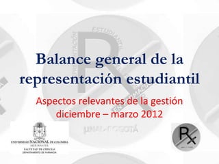 Balance general de la
representación estudiantil
  Aspectos relevantes de la gestión
      diciembre – marzo 2012
 
