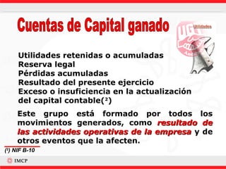 Utilidades retenidas o acumuladas
     Reserva legal
     Pérdidas acumuladas
     Resultado del presente ejercicio
     Exceso o insuficiencia en la actualización
     del capital contable(2)
     Este grupo está formado por todos los
     movimientos generados, como resultado de
     las actividades operativas de la empresa y de
     otros eventos que la afecten.
(2) NIF B-10
 