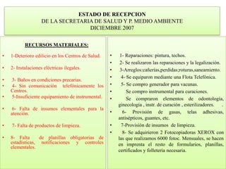 ESTADO DE RECEPCION DE LA SECRETARIA DE SALUD Y P. MEDIO AMBIENTE DICIEMBRE 2007<br />RECURSOS MATERIALES:<br />1-Deterior...