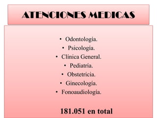 ATENCIONES MEDICAS <br />Odontología.<br />Psicología.<br />Clínica General.<br />Pediatría.<br />Obstetricia.<br />Gineco...