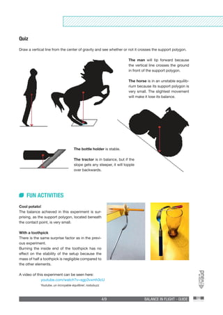 4/9 BALANCE IN FLIGHT - GUIDE
Quiz
Draw a vertical line from the center of gravity and see whether or not it crosses the support polygon.
The man will tip forward because
the vertical line crosses the ground
in front of the support polygon.
The horse is in an unstable equilib-
rium because its support polygon is
very small. The slightest movement
will make it lose its balance.
The bottle holder is stable.
The tractor is in balance, but if the
slope gets any steeper, it will topple
over backwards.
FUN ACTIVITIES
Cool potato!
The balance achieved in this experiment is sur-
prising, as the support polygon, located beneath
the contact point, is very small.
	
With a toothpick
There is the same surprise factor as in the previ-
ous experiment.
Burning the inside end of the toothpick has no
effect on the stability of the setup because the
mass of half a toothpick is negligible compared to
the other elements.
A video of this experiment can be seen here:
	youtube.com/watch?v=sgp3vxmh3cU
	Youtube, un incroyable équilibre!, roidubuzz
 