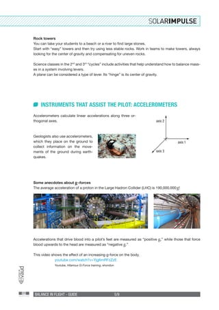 BALANCE IN FLIGHT - GUIDE 5/9
Rock towers
You can take your students to a beach or a river to find large stones.
Start with “easy” towers and then try using less stable rocks. Work in teams to make towers, always
looking for the center of gravity and compensating for uneven rocks.
Science classes in the 2nd
and 3rd
“cycles” include activities that help understand how to balance mass-
es in a system involving levers.
A plane can be considered a type of lever. Its “hinge” is its center of gravity.
INSTRUMENTS THAT ASSIST THE PILOT: ACCELEROMETERS
Geologists also use accelerometers,
which they place on the ground to
collect information on the move-
ments of the ground during earth-
quakes.
Some anecdotes about g –forces
The average acceleration of a proton in the Large Hadron Collider (LHC) is 190,000,000 g!
Accelerations that drive blood into a pilot’s feet are measured as “positive g,” while those that force
blood upwards to the head are measured as “negative g.”
This video shows the effect of an increasing g-force on the body.
	youtube.com/watch?v=Yjg6mRFzZzE
	Youtube, Hilarious G-Force training, shondon
Accelerometers calculate linear accelerations along three or-
thogonal axes. axis 2
axis 1
axis 3
 