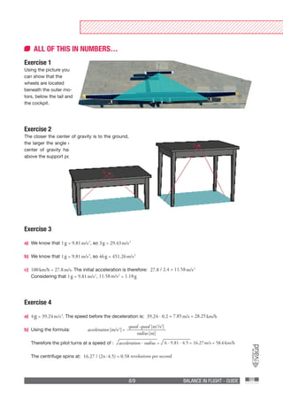 8/9 BALANCE IN FLIGHT - GUIDE
ALL OF THIS IN NUMBERS…
Exercise 1
Exercise 2
The closer the center of gravity is to the ground,
the larger the angle α becomes. As a result, the
center of gravity has more “freedom to move”
above the support polygon.
Exercise 3
a)	 We know that 1 g = 9.81 m/s 2
, so 3 g = 29.43 m/s 2
b)	 We know that 1 g = 9.81 m/s 2
, so 46 g = 451.26 m/s 2
c)	 100 km/h = 27.8 m/s. The initial acceleration is therefore: 27.8 / 2.4 ≈ 11.58 m/s 2
	
Considering that 1 g = 9.81 m/s 2
, 11.58 m/s 2
= 1.18 g
Exercise 4
a)	 4 g = 39.24 m/s 2
. The speed before the deceleration is: 39.24 ∙ 0.2 ≈ 7.85 m/s ≈ 28.25 km/h
b)	 Using the formula:
	 Therefore the pilot turns at a speed of : acceleration ∙ radius = 6 ∙ 9.81 ∙ 4.5 ≈ 16.27 m/s ≈ 58.6 km/h
	 The centrifuge spins at: 16.27 / (2π ∙ 4.5) ≈ 0.58 revolutions per second
acceleration [m/s 2] =
speed ∙ speed [m2
/s2
]
radius [m]
α
α
Using the picture you
can show that the
wheels are located
beneath the outer mo-
tors, below the tail and
the cockpit.
 