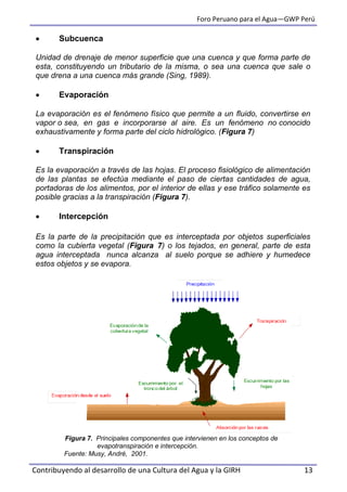 Foro Peruano para el Agua—GWP Perú
Contribuyendo al desarrollo de una Cultura del Agua y la GIRH 13
 Subcuenca
Unidad de drenaje de menor superficie que una cuenca y que forma parte de
esta, constituyendo un tributario de la misma, o sea una cuenca que sale o
que drena a una cuenca más grande (Sing, 1989).
 Evaporación
La evaporación es el fenómeno físico que permite a un fluido, convertirse en
vapor o sea, en gas e incorporarse al aire. Es un fenómeno no conocido
exhaustivamente y forma parte del ciclo hidrológico. (Figura 7)
 Transpiración
Es la evaporación a través de las hojas. El proceso fisiológico de alimentación
de las plantas se efectúa mediante el paso de ciertas cantidades de agua,
portadoras de los alimentos, por el interior de ellas y ese tráfico solamente es
posible gracias a la transpiración (Figura 7).
 Intercepción
Es la parte de la precipitación que es interceptada por objetos superficiales
como la cubierta vegetal (Figura 7) o los tejados, en general, parte de esta
agua interceptada nunca alcanza al suelo porque se adhiere y humedece
estos objetos y se evapora.
Figura 7. Principales componentes que intervienen en los conceptos de
evapotranspiración e intercepción.
Fuente: Musy, André, 2001.
 
