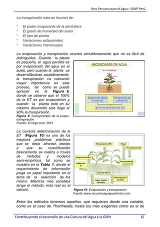 Foro Peruano para el Agua—GWP Perú
Contribuyendo al desarrollo de una Cultura del Agua y la GIRH 15
La transpiración esta en función de:
 El poder evaporante de la atmósfera
 El grado de humedad del suelo
 El tipo de planta
 Variaciones estacionales
 Variaciones interanuales
La evaporación y transpiración ocurren simultáneamente que no es fácil de
distinguirlos. Cuando la planta
es pequeña, el agua perdida es
por evaporación del agua en el
suelo, pero cuando la planta va
desarrollándose paulatinamente,
la transpiración va cobrando
mayor importancia en este
proceso, tal como se puede
apreciar en la Figura 9,
donde se observa que el 100%
de la ET es por evaporación y
cuando la planta está en su
máximo desarrollo sólo llega al
90% la transpiración.
Figura 9. Componentes de la evapo-
transpiración
Fuente: El riego.com, 2001
La correcta determinación de la
ET (Figura 10) es uno de los
mayores problemas prácticos
que se debe afrontar, debido
a que su cuantificación
básicamente se realiza a través
de métodos y modelos
semi-empíricos, tal como se
muestra en la Tabla 1; donde el
requerimiento de información
juega un papel importante en el
tema de la selección de los
mismo. Mientras mas variables
tenga el método, más real es el
calculo. Figura 10. Evaporación y transpiración
Fuente: www.recursosaguapuertorico.com
Entre los métodos tenemos aquellos, que requieren desde una variable,
como es el caso de Thorthwaite, hasta los mas exigentes como es el de
 