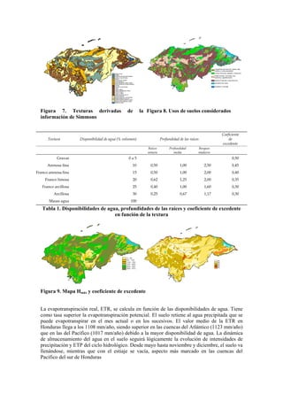 Figura 7. Texturas derivadas de la
información de Simmons
Figura 8. Usos de suelos considerados
Textura Disponibilidad de agua (% volumen) Profundidad de las raíces
Coeficiente
de
excedente
Raíces
somera
Profundidad
media
Bosques
maduros
Gravas 0 a 5 0,50
Arenosa fina 10 0,50 1,00 2,50 0,45
Franco arenosa fina 15 0,50 1,00 2,00 0,40
Franco limosa 20 0,62 1,25 2,00 0,35
Franco arcillosa 25 0,40 1,00 1,60 0,30
Arcillosa 30 0,25 0,67 1,17 0,30
Masas agua 100
Tabla 1. Disponibilidades de agua, profundidades de las raíces y coeficiente de excedente
en función de la textura
Figura 9. Mapa Hmáx y coeficiente de excedente
La evapotranspiración real, ETR, se calcula en función de las disponibilidades de agua. Tiene
como tasa superior la evapotranspiración potencial. El suelo retiene al agua precipitada que se
puede evapotranspirar en el mes actual o en los sucesivos. El valor medio de la ETR en
Honduras llega a los 1108 mm/año, siendo superior en las cuencas del Atlántico (1123 mm/año)
que en las del Pacífico (1017 mm/año) debido a la mayor disponibilidad de agua. La dinámica
de almacenamiento del agua en el suelo seguirá lógicamente la evolución de intensidades de
precipitación y ETP del ciclo hidrológico. Desde mayo hasta noviembre y diciembre, el suelo va
llenándose, mientras que con el estiaje se vacía, aspecto más marcado en las cuencas del
Pacífico del sur de Honduras
 