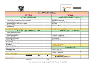 Finca La Vinagra Ctra. de Mocejón km 2.800 45008 (Toledo) Tfn: 925050908 
DIPUTACIÓN PROVINCIAL DE TOLEDO 
9 
BALANCE GENERAL 
ACTIVO PASIVO 
ACTIVO CIRCULANTE PASIVO CIRCULANTE/CORRIENTE 
Sobregiros 
1. Efectivo de Caja/Tesorería (Cuenta Corriente) Acreedores comerciales 
2. Inventarios/Existencias 
Obligaciones bancaria ( Créditos a corto plazo) 
3. Deudores/Cuentas por cobrar/Clientes 
Anticipos 
4. Hacienda Pública 
Impuestos a pagar 
5. IVA soportado 
TOTAL ACTIVOS CIRCULANTE TOTAL PASIVO CIRCULANTE 
ACTIVOS FIJOS/INMOVILIZADO PASIVO FIJO/LARGO PLAZO 
1. Gastos de establecimiento 
2. Inmovilizado inmaterial 
3. Inmovilizado material 
Préstamos a largo plazo 
Terrenos (Bruto) 
Deudas con entidades bancarias 
- depreciación acumulada 
Otros pasivos 
Terreno ( Neto) 
Otros acreedores 
Local (Bruto) 
- depreciación acumulada 
Local Neto 
TOTAL PASIVOS FIJO 
Maquinaria (Bruto) 
TOTAL PASIVOS 
- depreciación acumulada 
PATRIMONIO 
Maquinaria neto 
FONDOS PROPIOS 
4. Inmovilizado financiero 
Capital inicial/ suscrito 
Pérdidas y Ganancias 
TOTAL ACTIVO FIJO 
TOTAL PATRIMONIO 
TOTAL ACTIVO 
TOTAL PASIVO + PATRIMONIO 
 