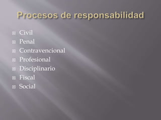  Civil
 Penal
 Contravencional
 Profesional
 Disciplinario
 Fiscal
 Social
 