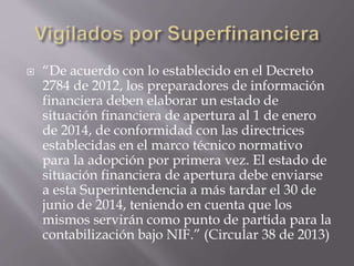 “De acuerdo con lo establecido en el Decreto
2784 de 2012, los preparadores de información
financiera deben elaborar un estado de
situación financiera de apertura al 1 de enero
de 2014, de conformidad con las directrices
establecidas en el marco técnico normativo
para la adopción por primera vez. El estado de
situación financiera de apertura debe enviarse
a esta Superintendencia a más tardar el 30 de
junio de 2014, teniendo en cuenta que los
mismos servirán como punto de partida para la
contabilización bajo NIF.” (Circular 38 de 2013)
 