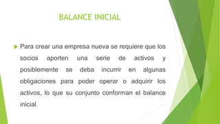 BALANCE INICIAL
Para crear una empresa nueva se requiere que los
socios aporten una serie de activos y
posiblemente se deba incurrir en algunas
obligaciones para poder operar o adquirir los
activos, lo que su conjunto conforman el balance
inicial.