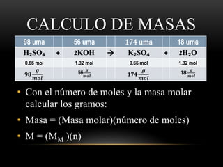 CALCULO DE MASAS 
98 uma 56 uma 174 uma 18 uma 
H₂SO₄ + 2KOH  K₂SO₄ + 2H₂O 
0.66 mol 1.32 mol 0.66 mol 1.32 mol 
ퟗퟖ 
품 
풎풐풍 
품 
풎풐풍 ퟏퟕퟒ 
56 
품 
풎풐풍 
1ퟖ 
품 
풎풐풍 
• Con el número de moles y la masa molar 
calcular los gramos: 
• Masa = (Masa molar)(número de moles) 
• M = (MM )(n) 
 