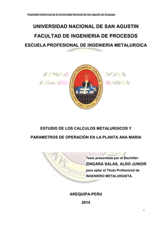 Propiedad Intelectual de la Universidad Nacional de San Agustín de Arequipa
1
UNIVERSIDAD NACIONAL DE SAN AGUSTIN
FACULTAD DE INGENIERIA DE PROCESOS
ESCUELA PROFESIONAL DE INGENIERIA METALURGICA
ESTUDIO DE LOS CALCULOS METALURGICOS Y
PARAMETROS DE OPERACIÓN EN LA PLANTA ANA MARIA
Tesis presentada por el Bachiller:
ZINGARA SALAS, ALDO JUNIOR
para optar el Título Profesional de
INGENIERO METALURGISTA.
AREQUIPA-PERU
2014
 