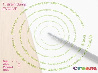 1. Brain dump
EVOLVE
Date / /
Work ☐
Personal ☐
Other
 