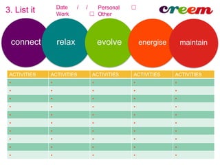 connect relax evolve energise maintain
ACTIVITIES ACTIVITIES ACTIVITIES ACTIVITIES ACTIVITIES
• • • • •
• • • • •
• • • • •
• • • • •
• • • • •
• • • • •
• • • • •
• • • • •
• • • • •
• • • • •
3. List it Date / /
Work ☐
Personal ☐
Other
 