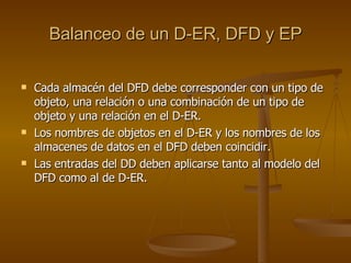 Balanceo de un D-ER, DFD y EP Cada almacén del DFD debe corresponder con un tipo de objeto, una relación o una combinación de un tipo de objeto y una relación en el D-ER. Los nombres de objetos en el D-ER y los nombres de los almacenes de datos en el DFD deben coincidir. Las entradas del DD deben aplicarse tanto al modelo del DFD como al de D-ER. 