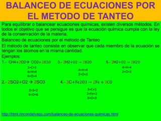 BALANCEO DE ECUACIONES POR
    EL METODO DE TANTEO




   1=C=1                 4=H=4
            4=H=4        2=O=2
   4=H=4
            2=O=2
   4=O=4


   2=S=2        3=C=3
   6=O=6        2=Fe=2
                3=O=3
 